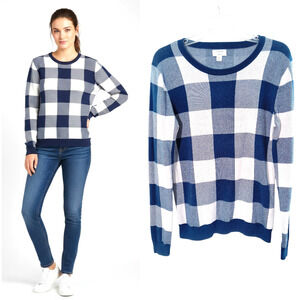 J. Crew Teddie Buffalo Check Sweater Top Women's Sz M Navy Pullover Long Sleeve
